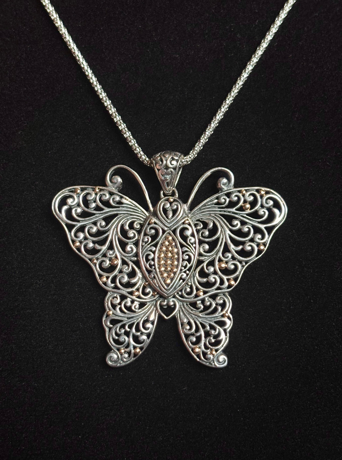 Sterling Silver & 14K Gold Filigree Butterfly Pendant Necklace
