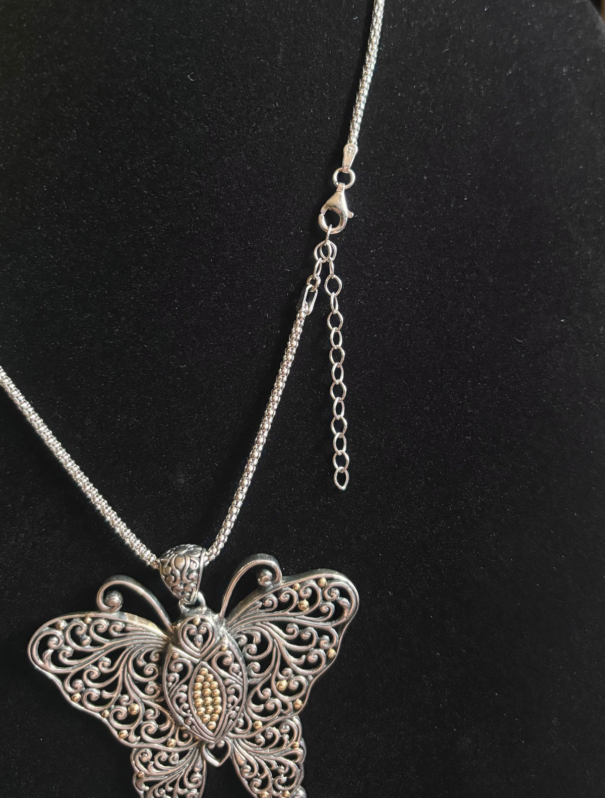 Sterling Silver & 14K Gold Filigree Butterfly Pendant Necklace
