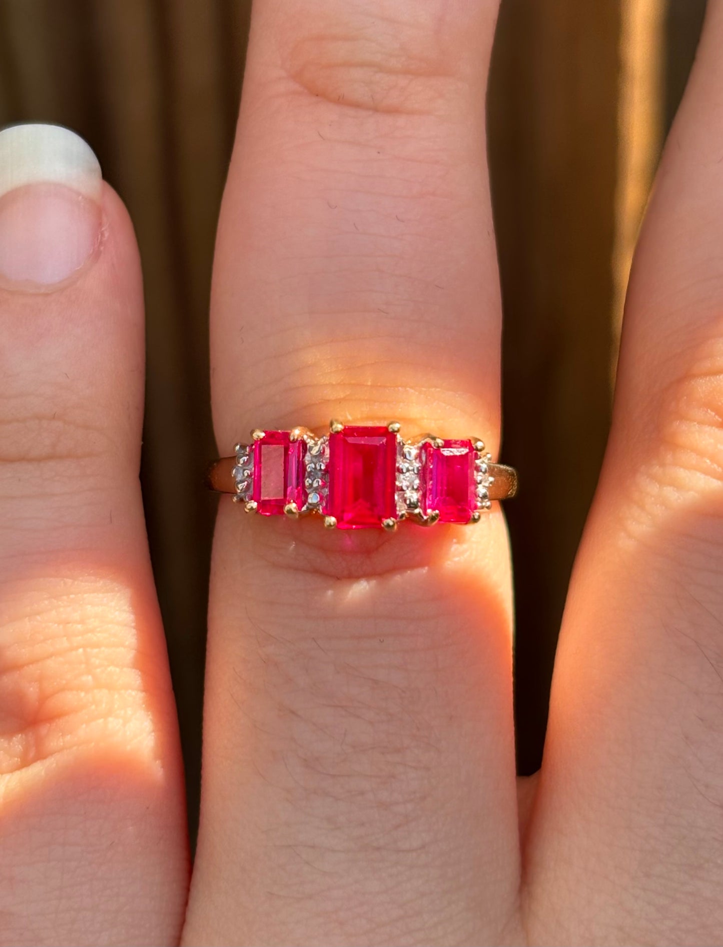10k Emerald Cut Lab Rubies with Natural Diamond Accents Ring