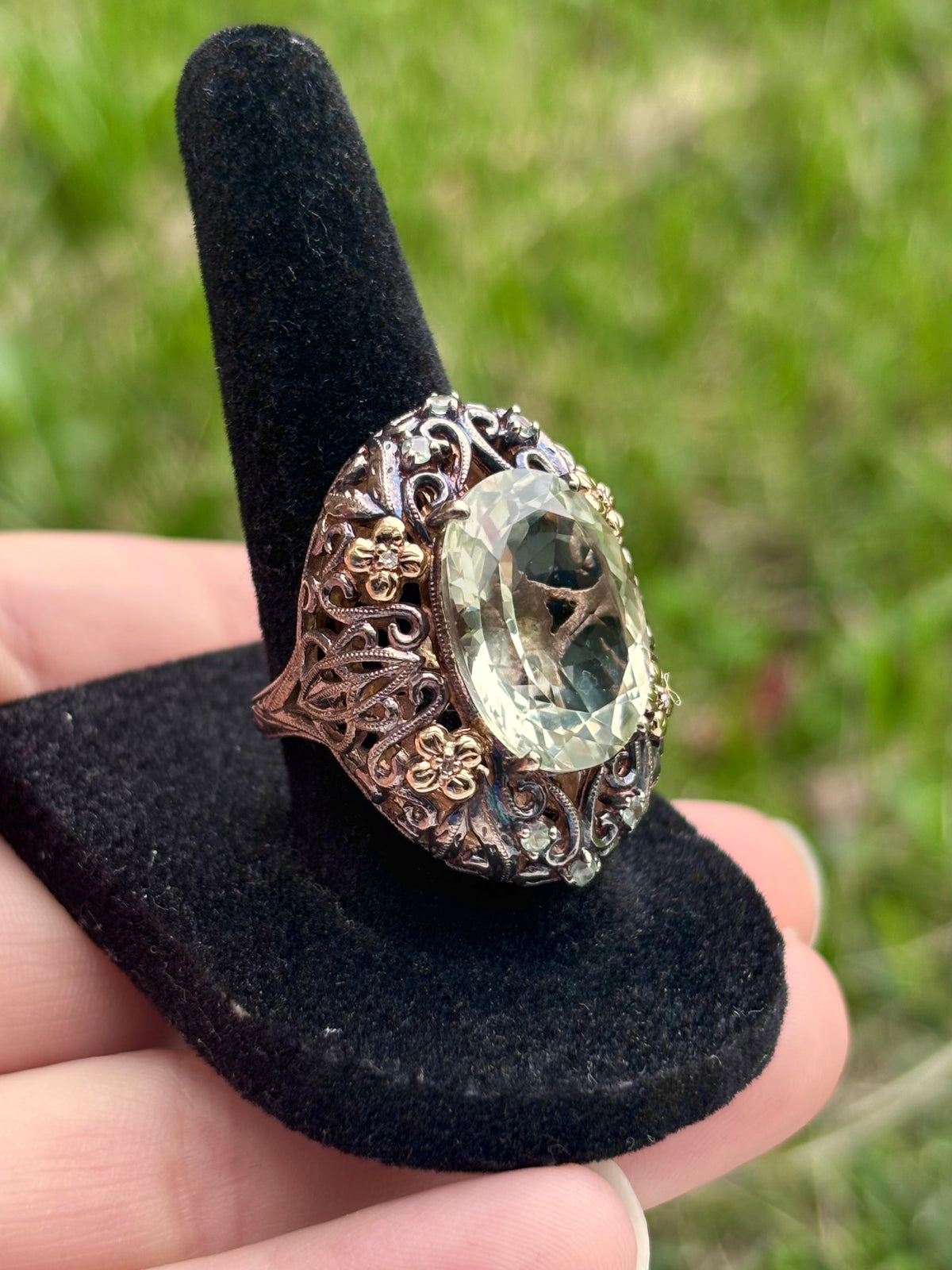 Weinman Brothers 14K Gold & Sterling Silver Prasiolite Diamond Filigree Ring