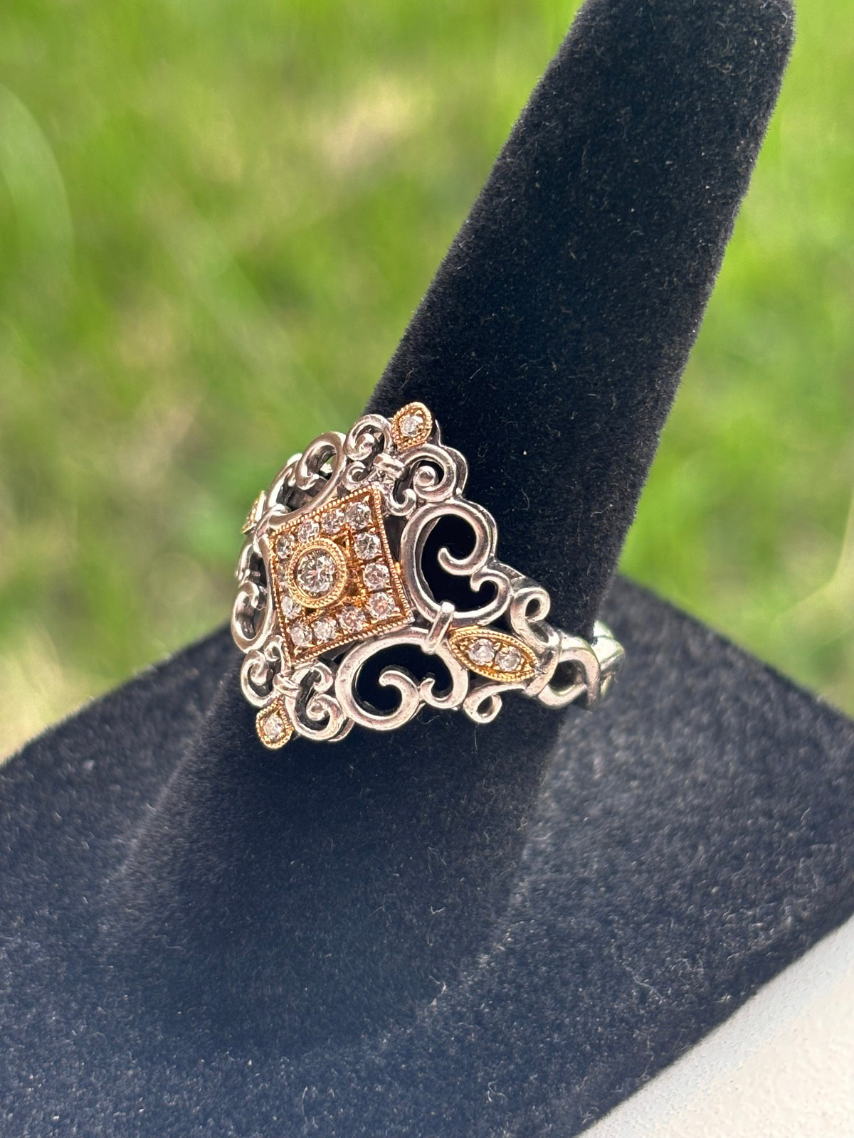 Vintage Style 18K Gold & Sterling Silver Diamond Filigree Scrollwork Ring