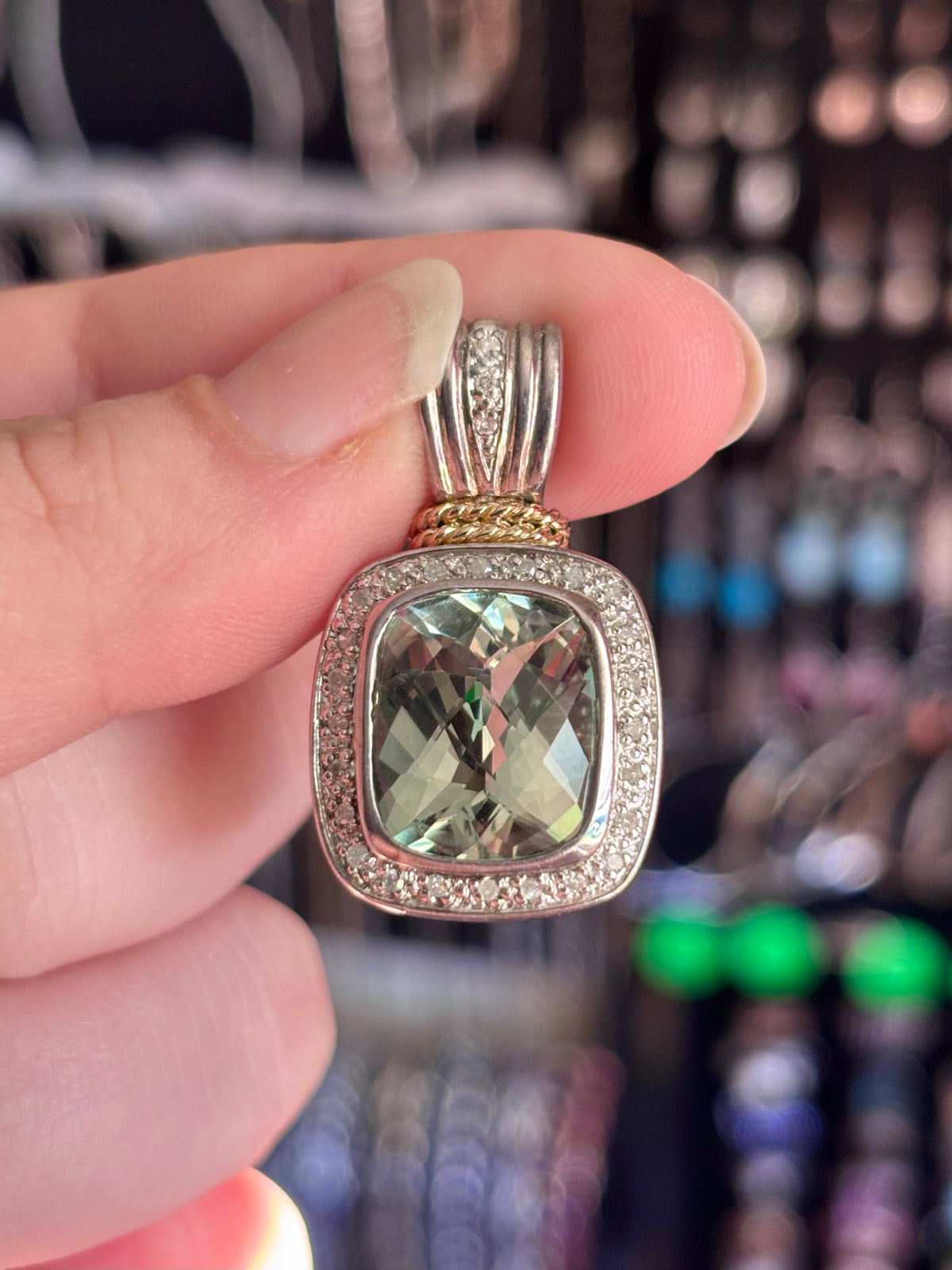 Sterling Silver & 14K Gold Prasiolite and Diamond Halo Pendant - Chain Not Included