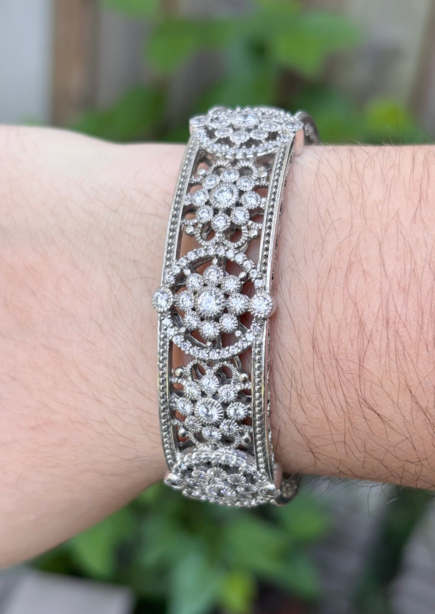 Judith Ripka Sterling Silver Diamonique Floral Filigree Hinged Cuff Bangle Bracelet