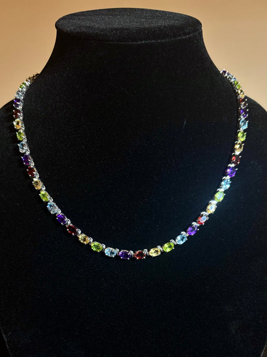 Rainbow Ombré Gemstone Tennis Necklace - Damaged