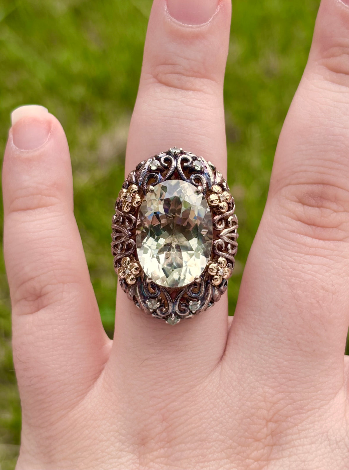 Weinman Brothers 14K Gold & Sterling Silver Prasiolite Diamond Filigree Ring