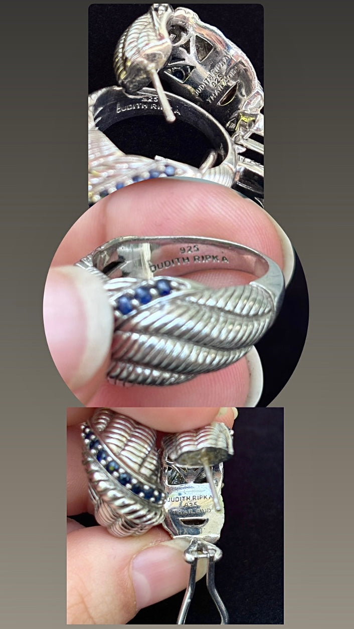 Judith Ripka Sterling Silver Natural Sapphire Ring & Matching Omega Back Earrings Set – Approx. 1.00 CTW
