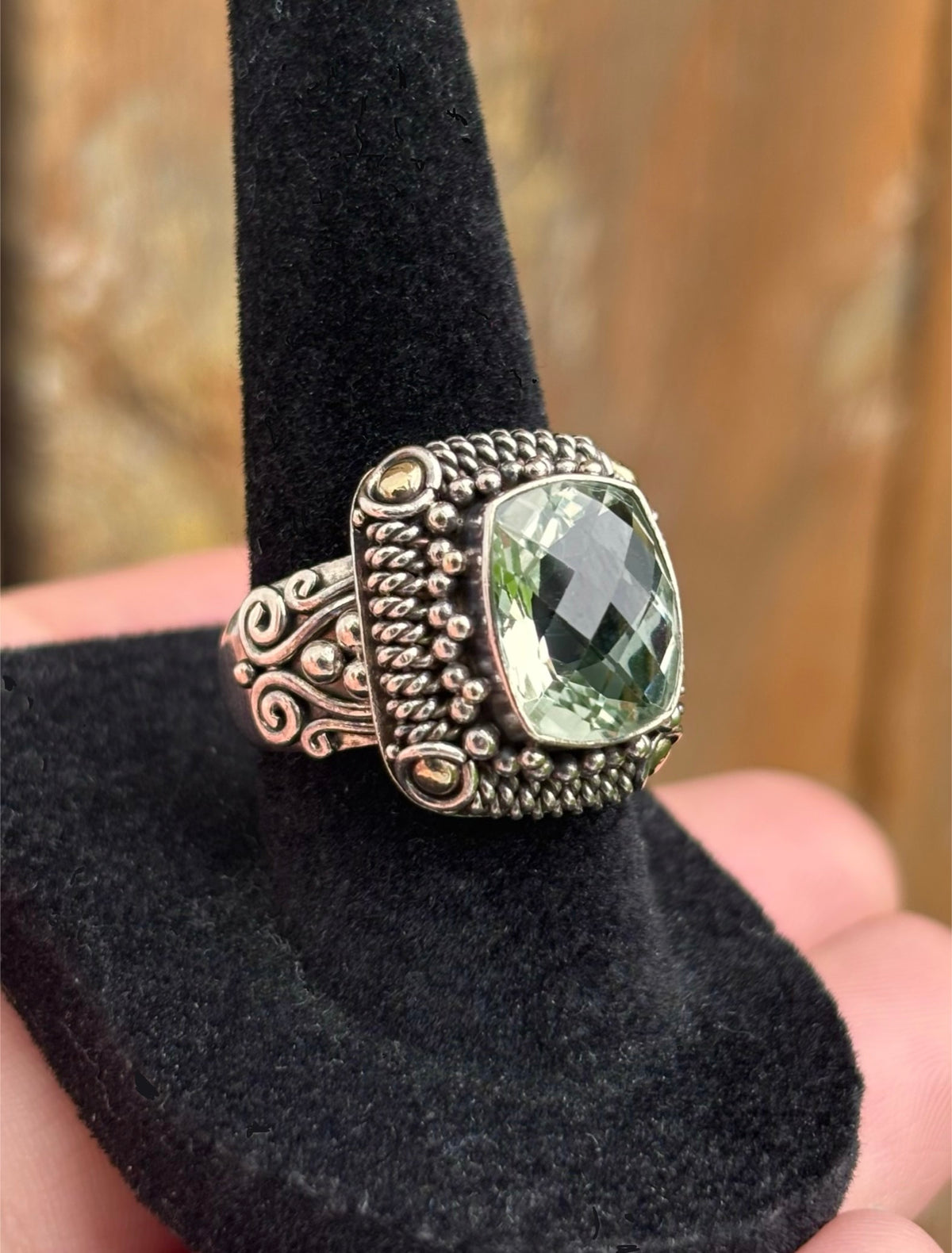 BA Suarti 18K Gold & Sterling Silver Checkerboard Cushion Prasiolite Ring