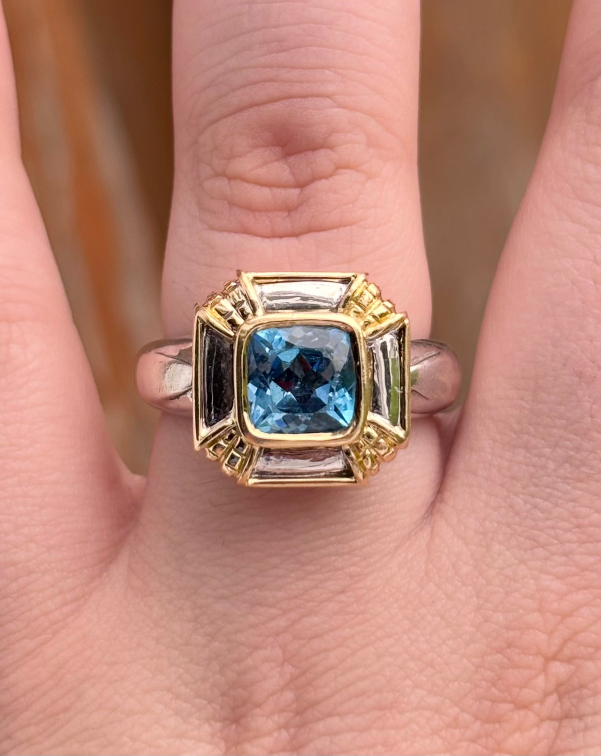 OTC International 18K Gold & Sterling Silver Blue Topaz Art Deco Ring