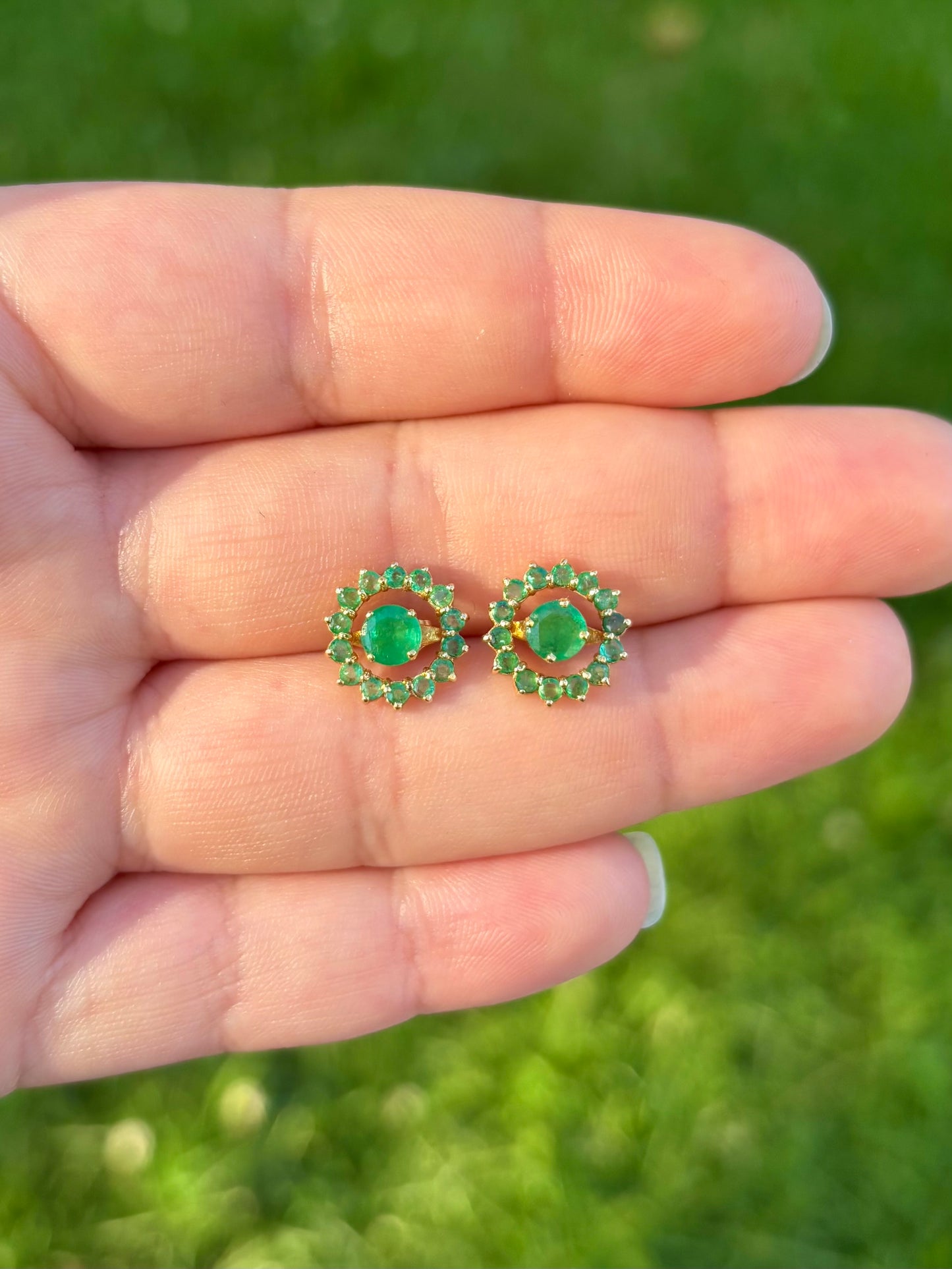 18K Gold Emerald Stud Earrings with 14K Removable Emerald Halo Jackets