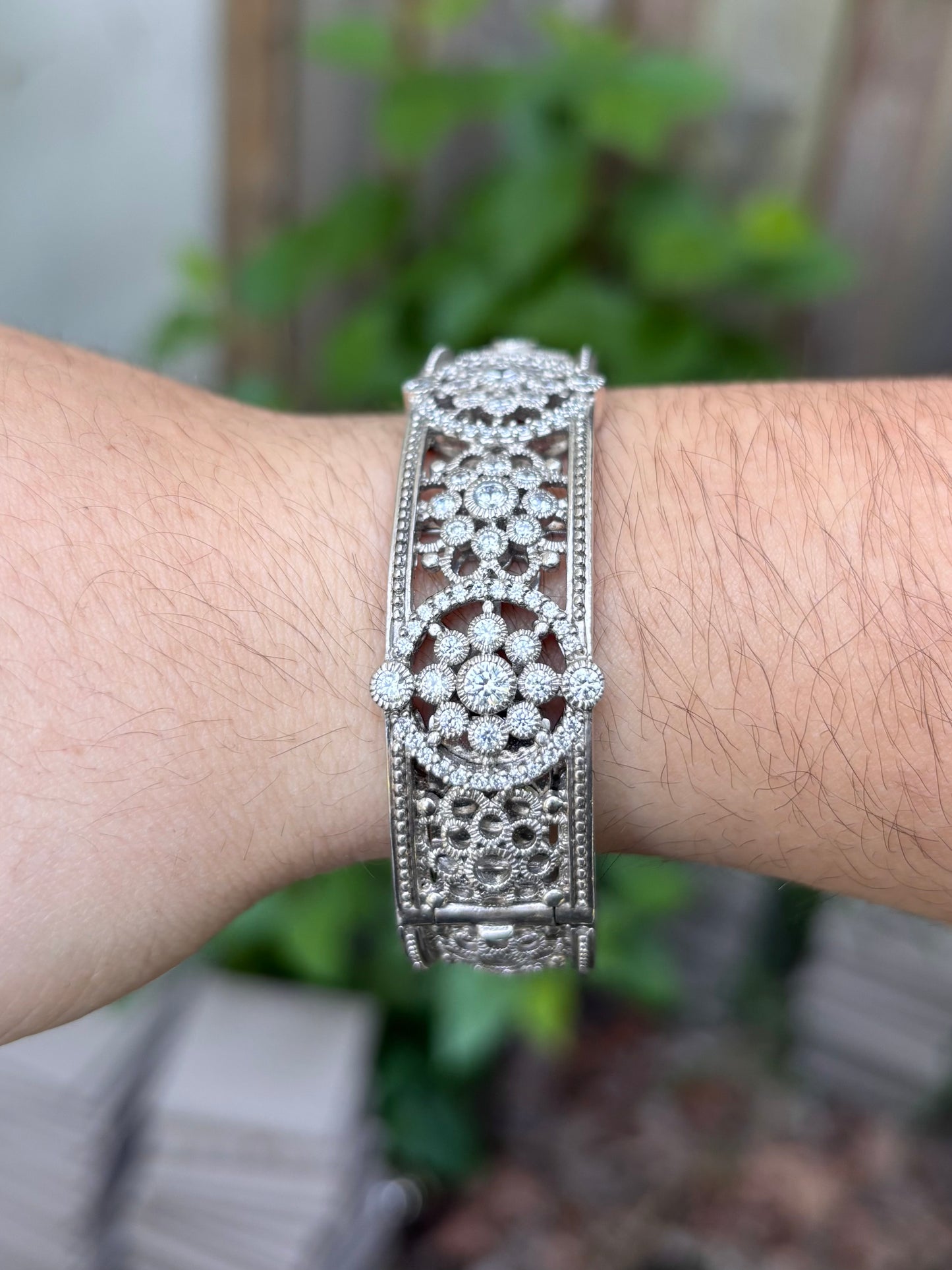Judith Ripka Sterling Silver Diamonique Floral Filigree Hinged Cuff Bangle Bracelet