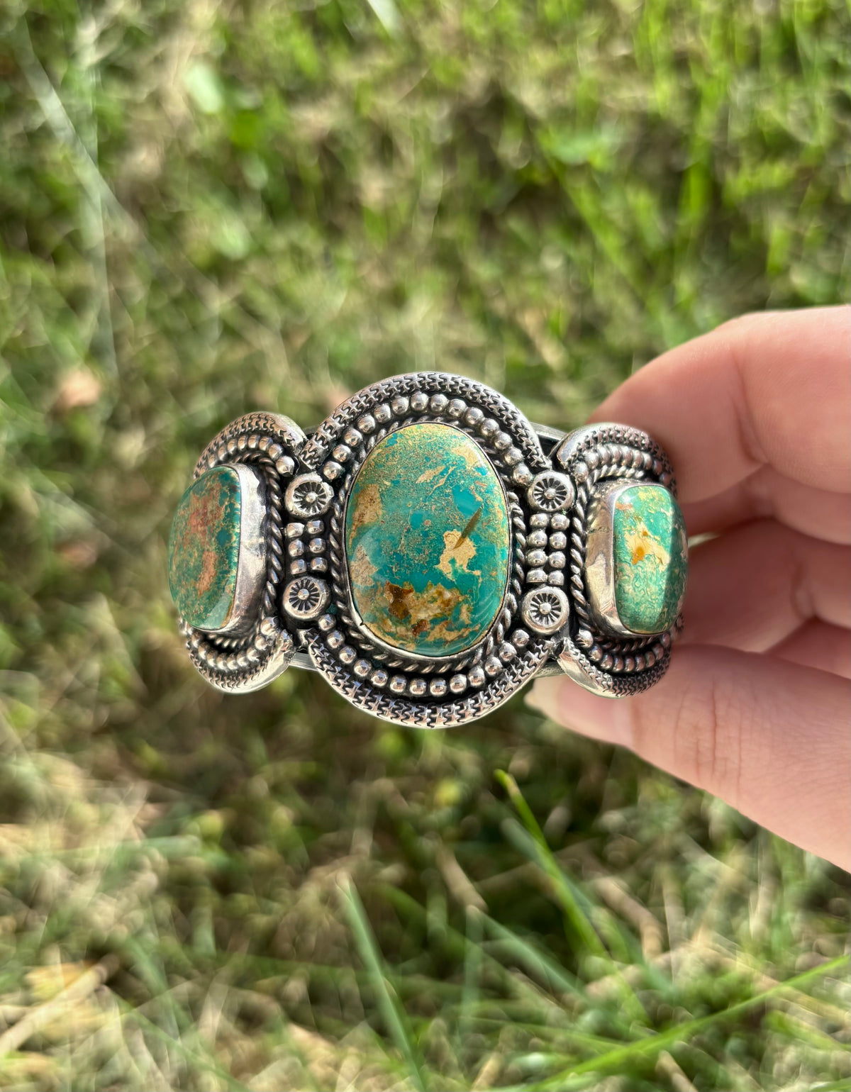 Vintage Sterling Silver & Turquoise 3-Stone Southwestern Cuff Bracelet