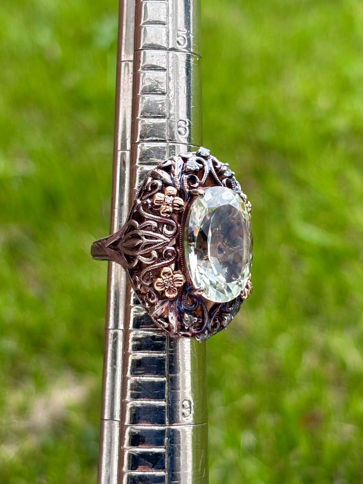 Weinman Brothers 14K Gold & Sterling Silver Prasiolite Diamond Filigree Ring