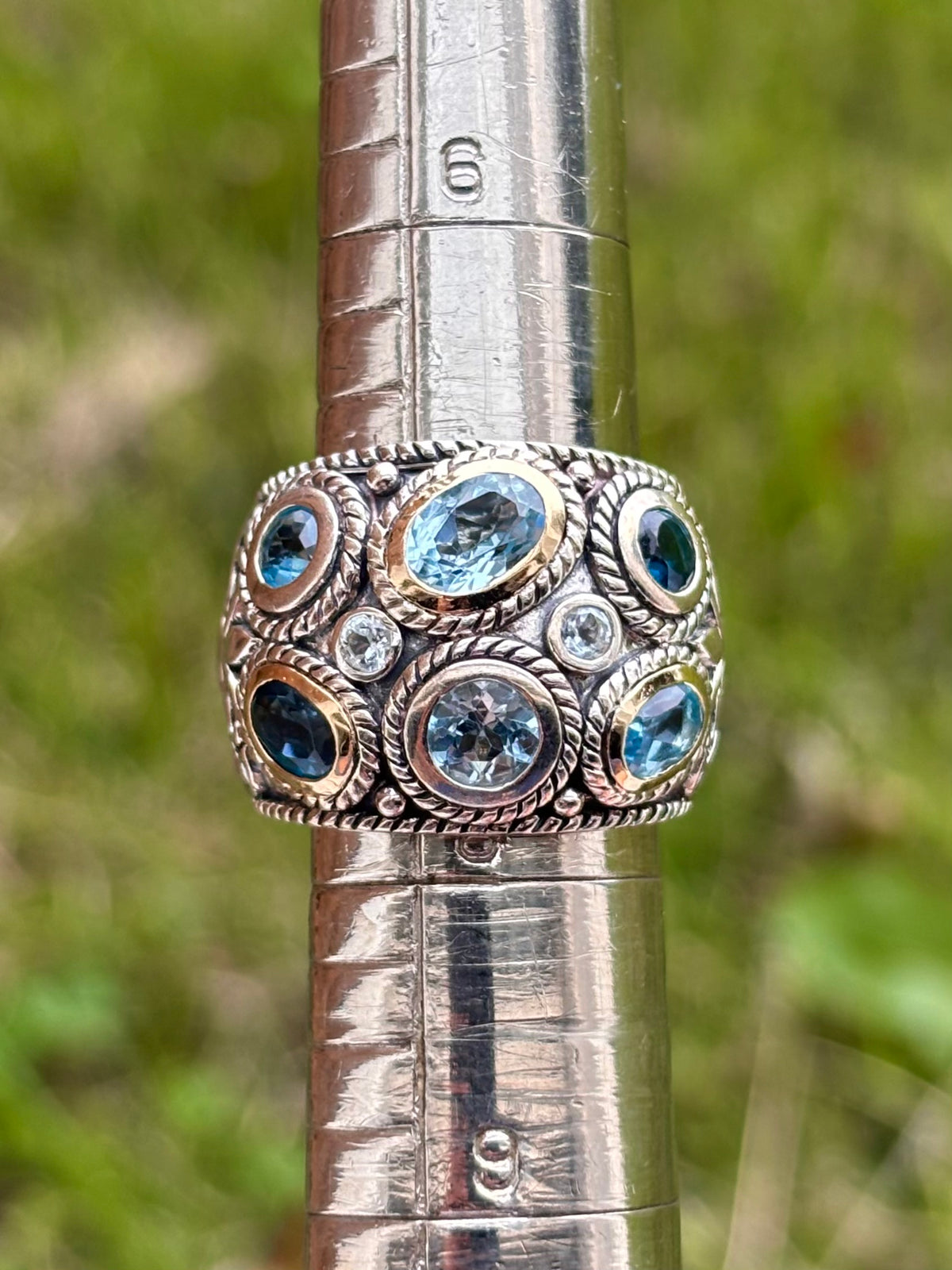 Curata 14K Gold & Sterling Silver Multi Blue Topaz Wide Band Ring