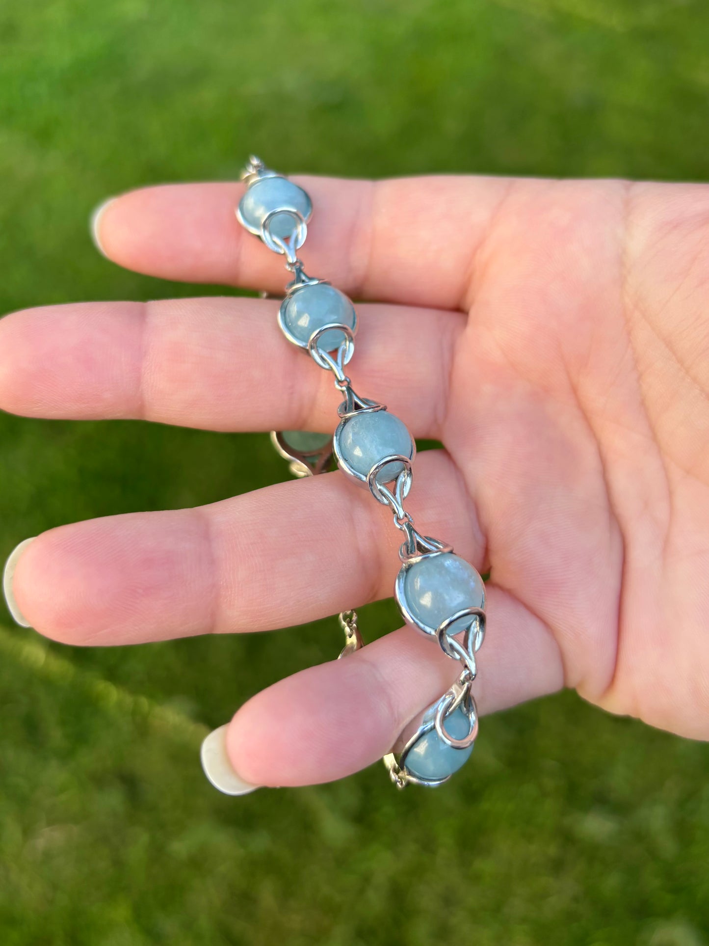 Vintage Sterling Silver Cabochon Aquamarine Bracelet