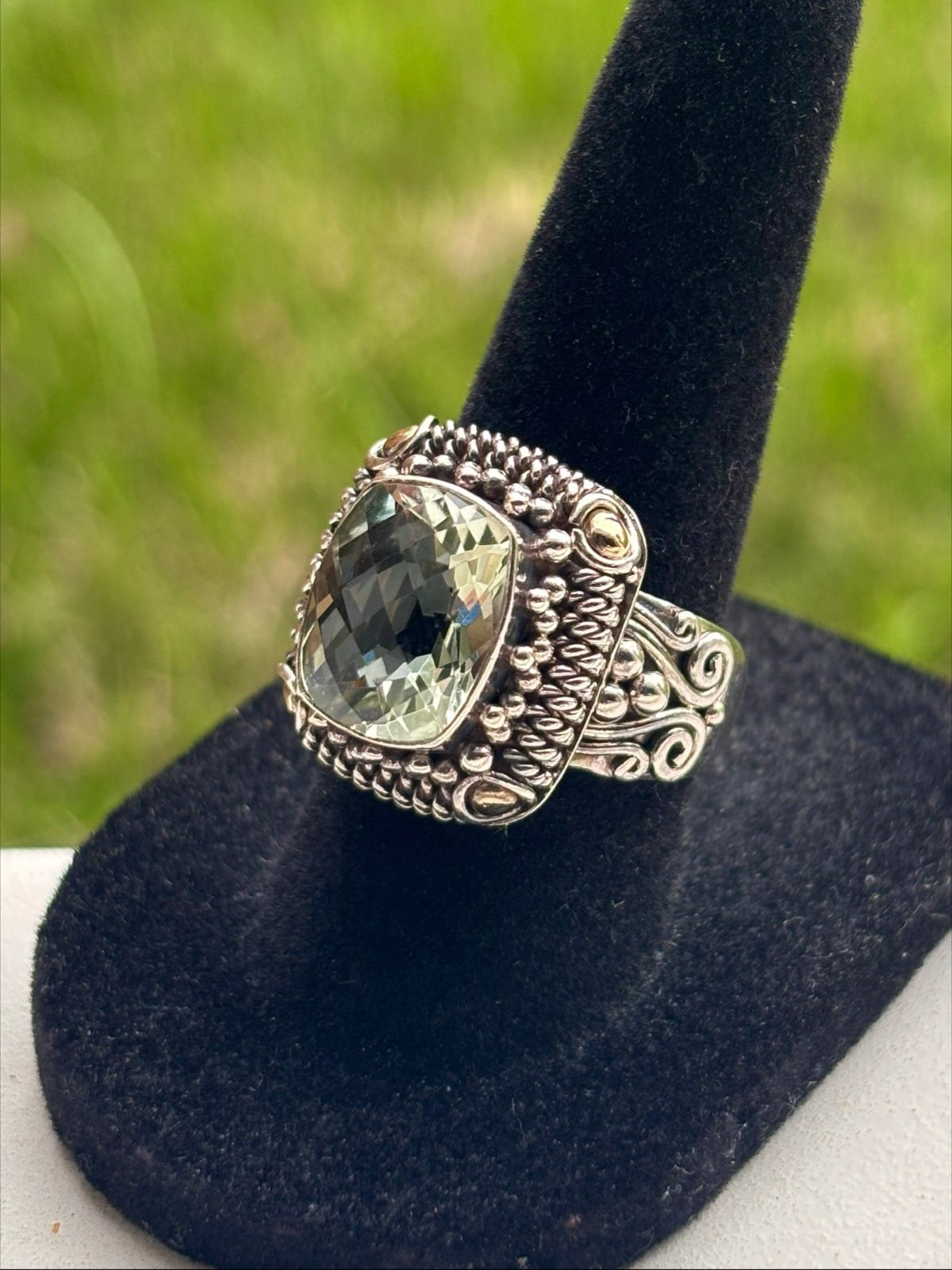 BA Suarti 18K Gold & Sterling Silver Checkerboard Cushion Prasiolite Ring
