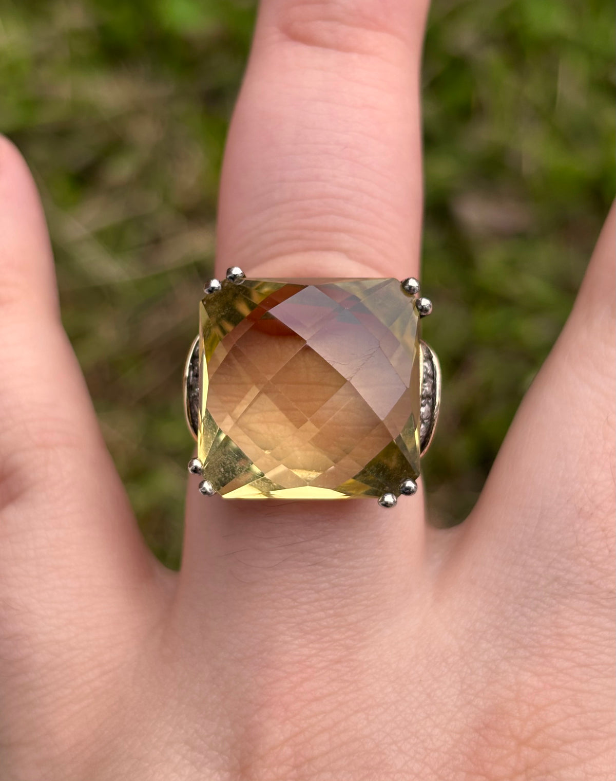14K Gold & Sterling Silver Lemon Quartz & Diamond Statement Ring