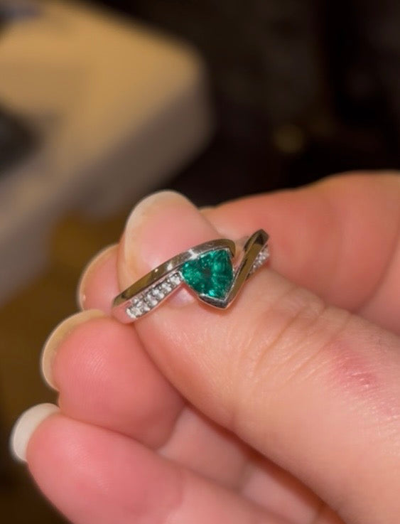 Triangular Brilliant Cut Lab Emerald in Curved Bypass Shank with “Diamond” Accents Ring