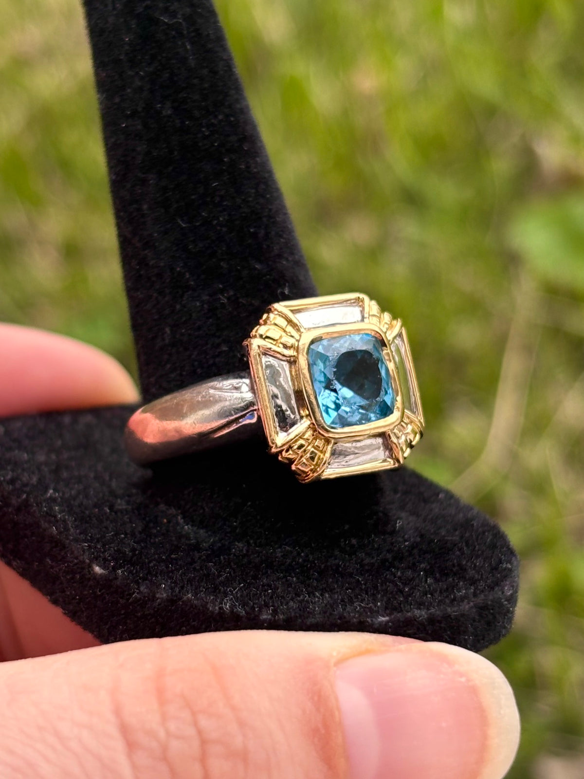 OTC International 18K Gold & Sterling Silver Blue Topaz Art Deco Ring