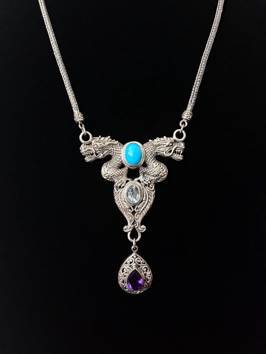 Bali Legacy Multi Gemstone Dragon Toggle Clasp Necklace