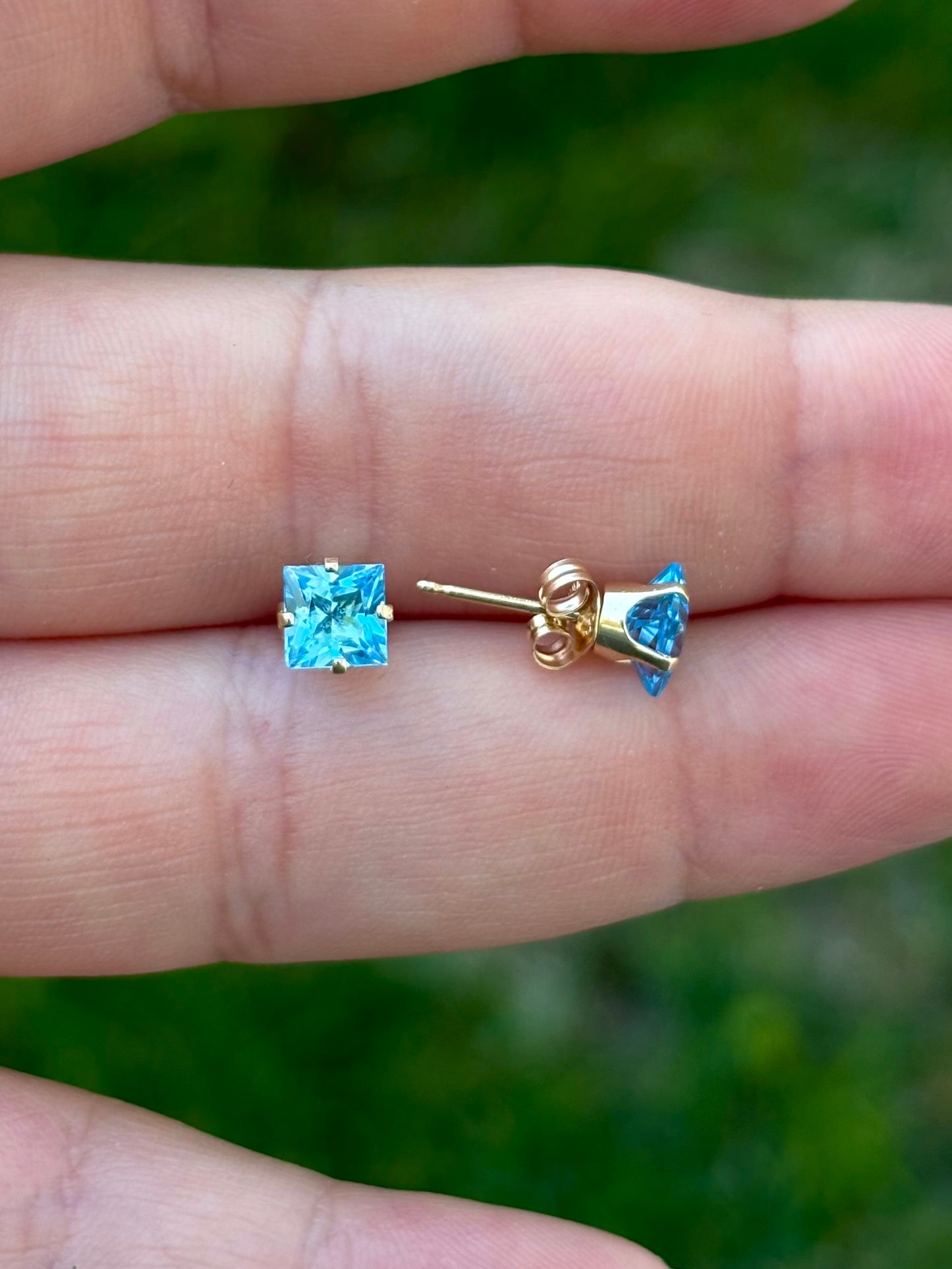 14K Yellow Gold Princess Cut Swiss Blue Topaz Stud Earrings