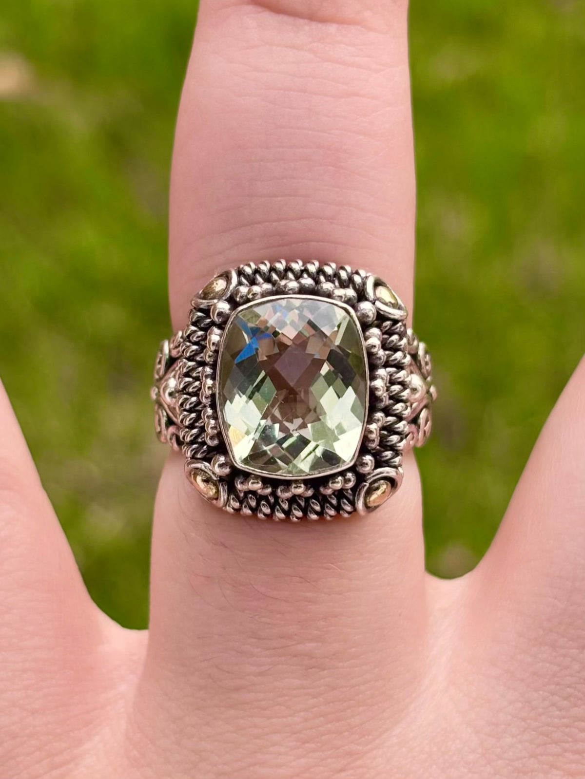 BA Suarti 18K Gold & Sterling Silver Checkerboard Cushion Prasiolite Ring