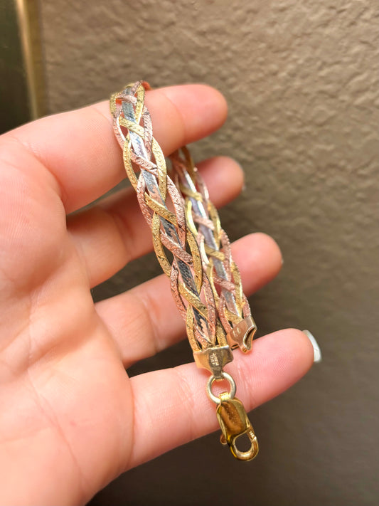 Tri-Color Woven Herringbone Bracelet with Mid Strand and Gold Plated Clasp