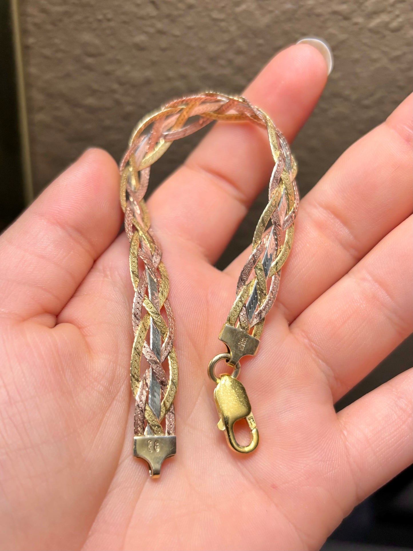 Tri-Color Woven Herringbone Bracelet with Mid Strand and Gold Plated Clasp