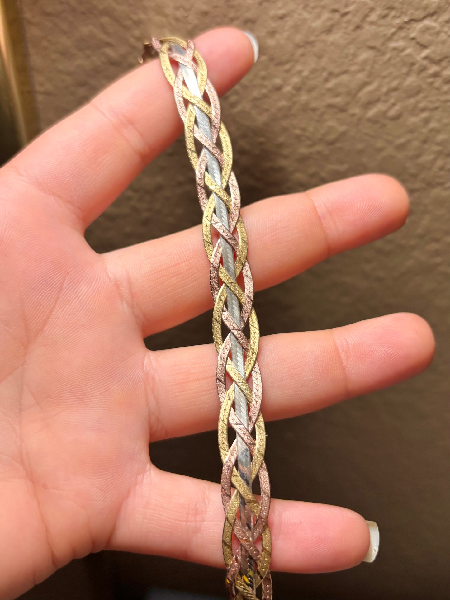 Tri-Color Woven Herringbone Bracelet with Mid Strand and Gold Plated Clasp