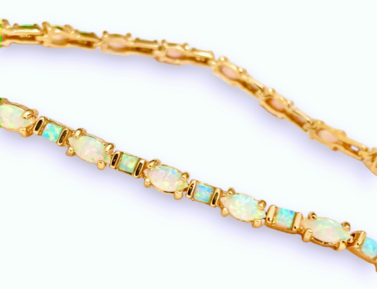 Gold Plated Marquise and Square Synthetic Opal Tennis Bracelet