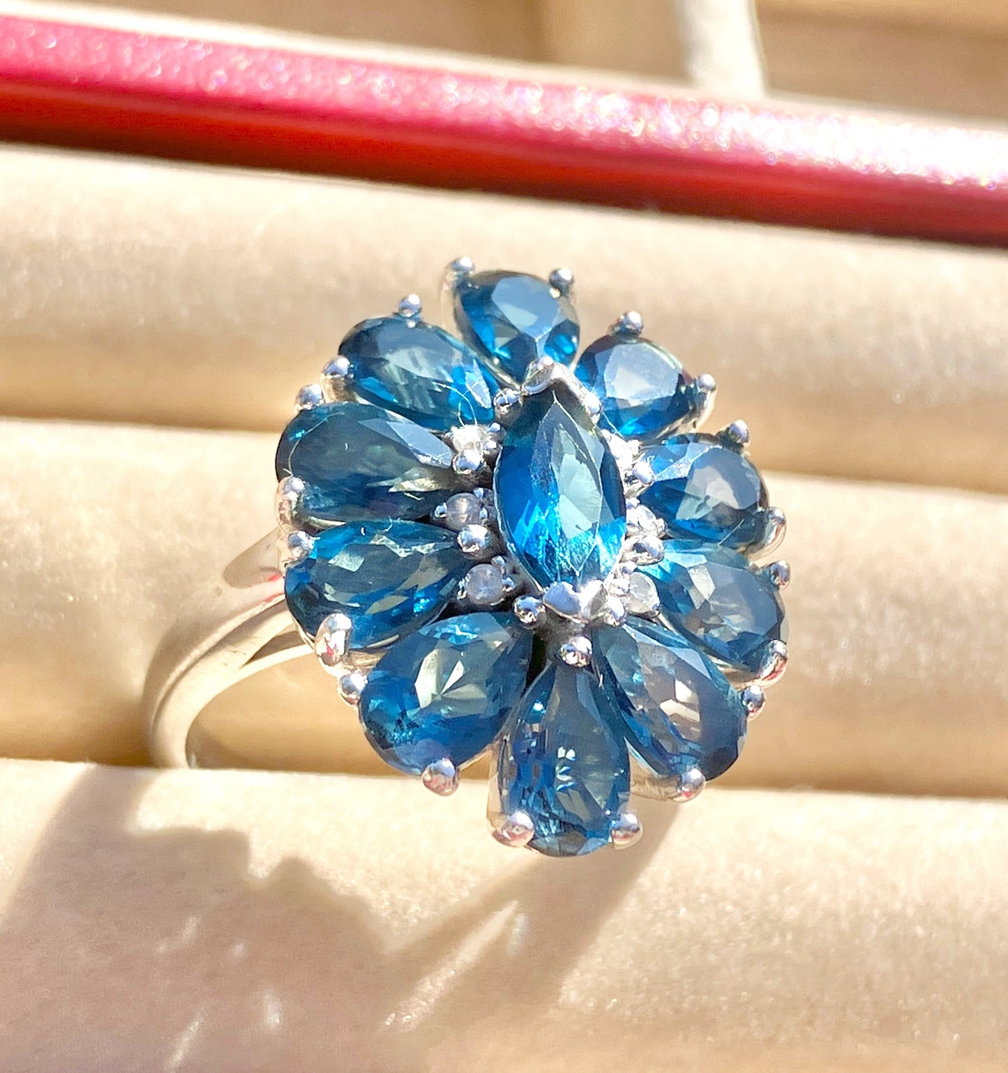 Marquise and Pear Cut London Blue Topaz Ring with “Diamond” Accents