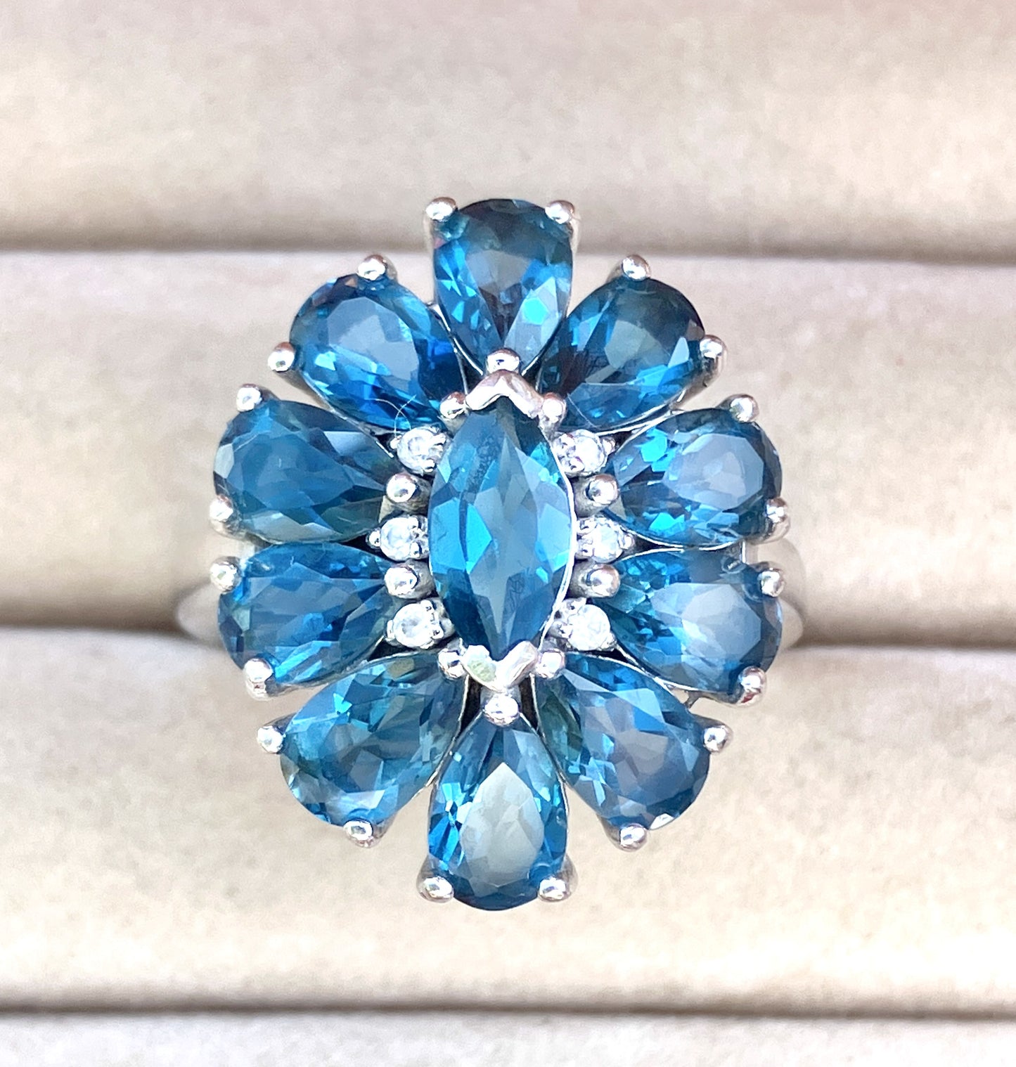 Marquise and Pear Cut London Blue Topaz Ring with “Diamond” Accents