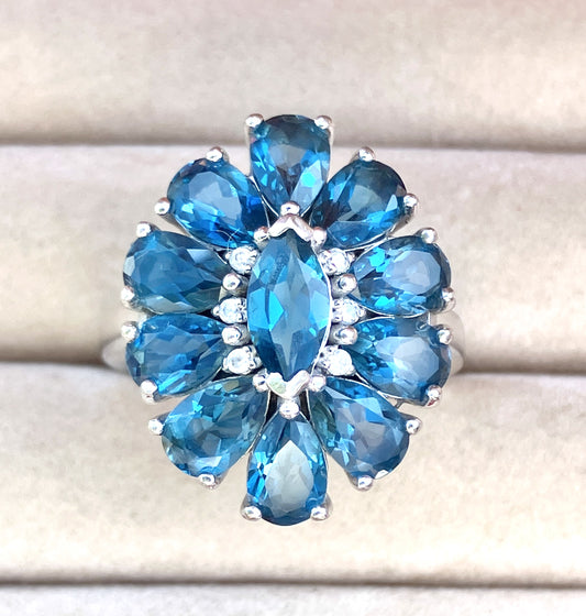 Marquise and Pear Cut London Blue Topaz Ring with “Diamond” Accents