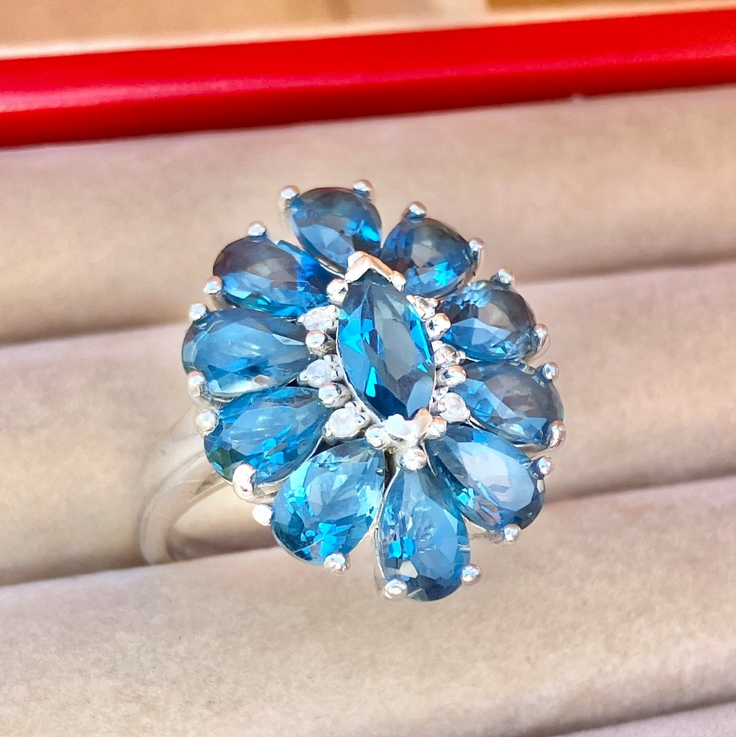 Marquise and Pear Cut London Blue Topaz Ring with “Diamond” Accents