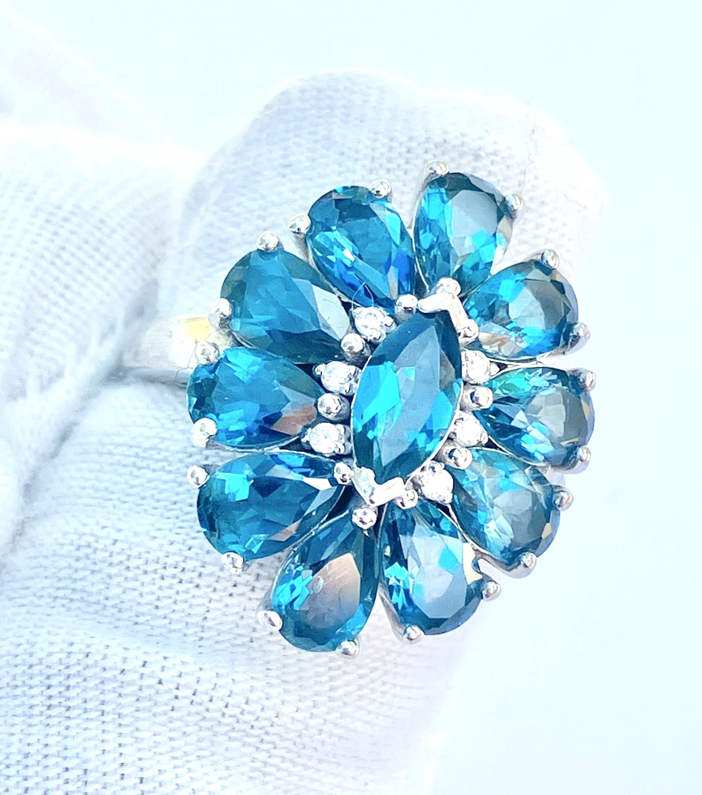 Marquise and Pear Cut London Blue Topaz Ring with “Diamond” Accents