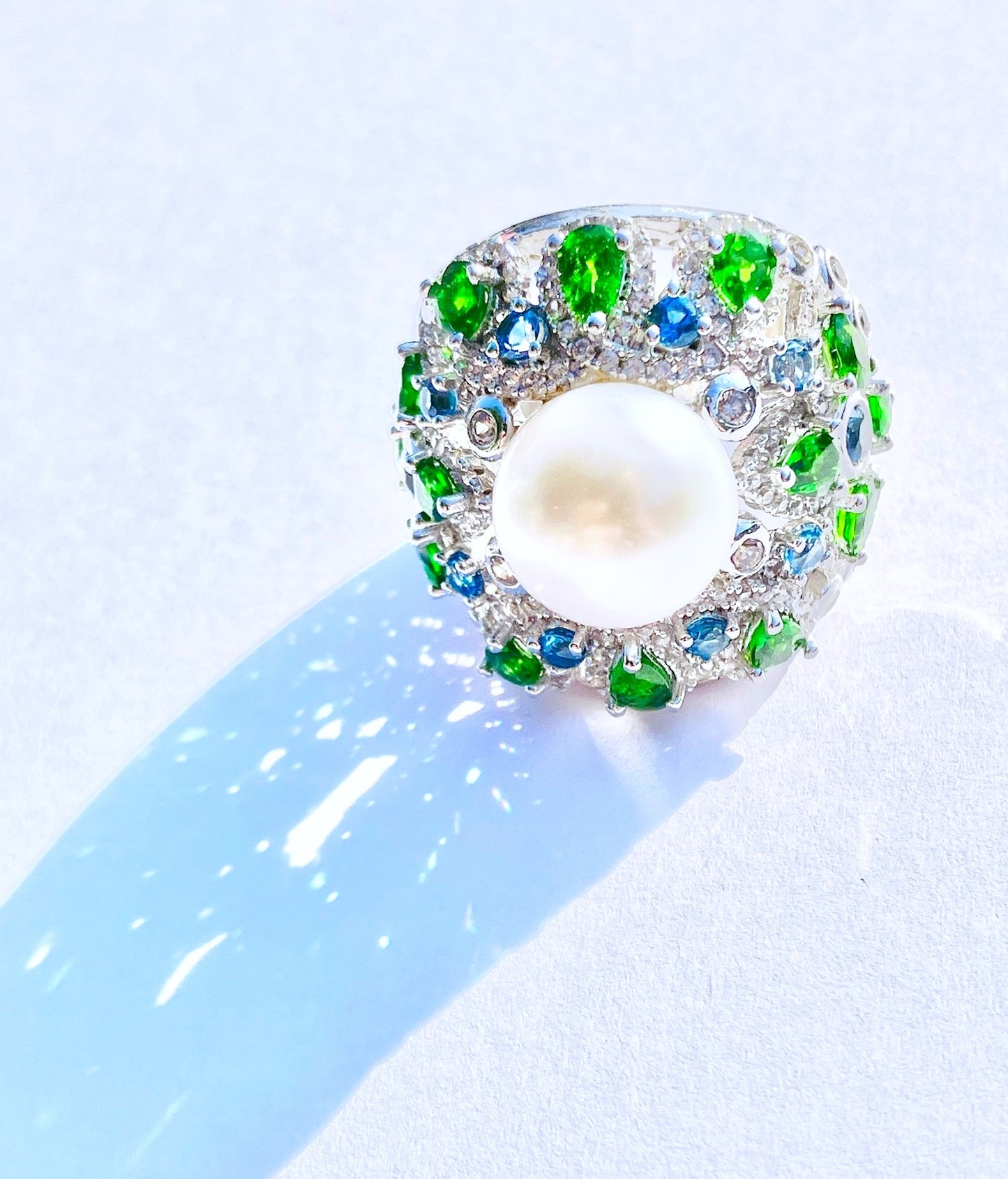 Pearl in Crown Style Setting with Pear Cut Chrome Diopside, Round Cut Baby Swiss Blue Topaz, and Zircon Halos Ring