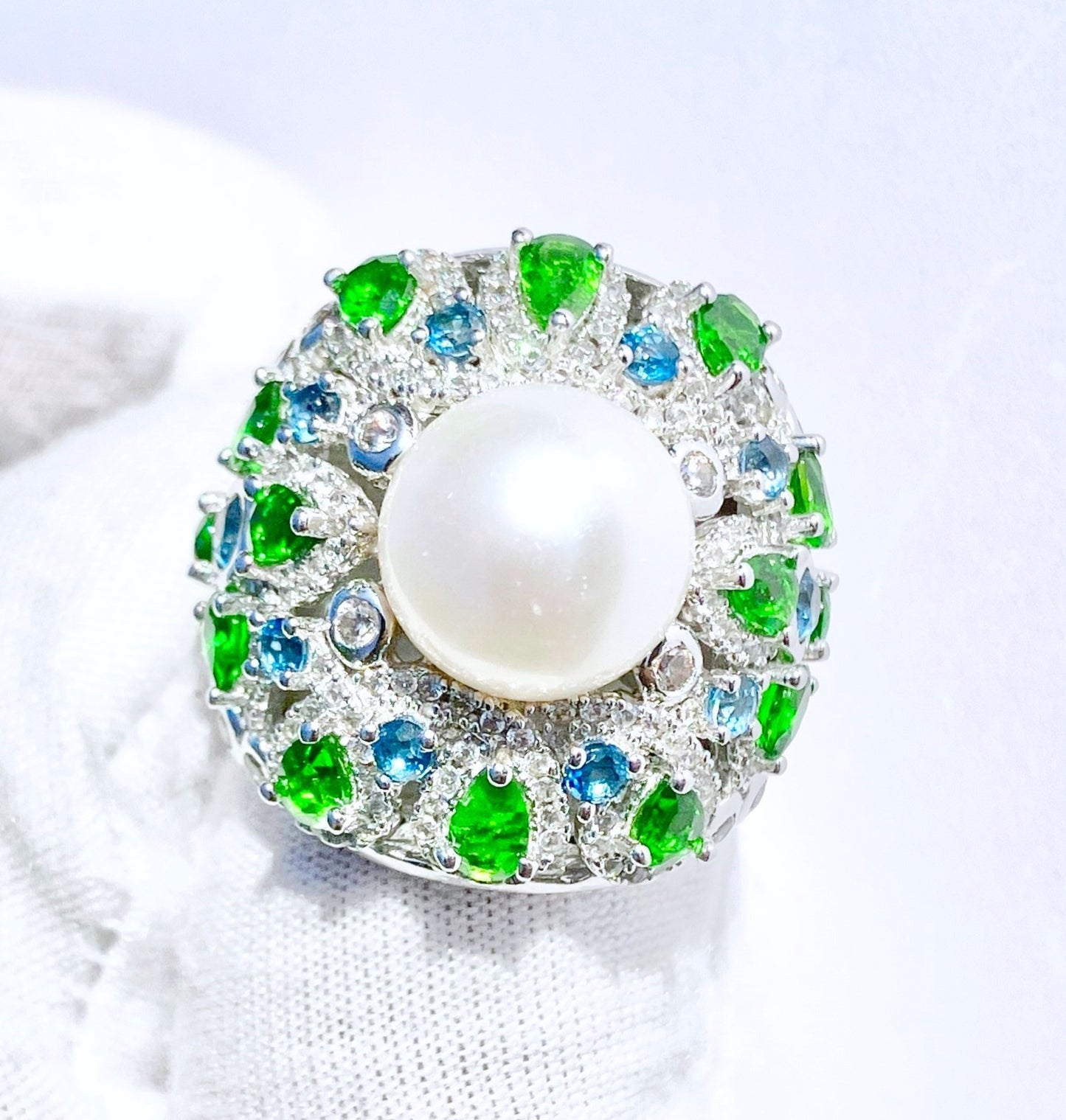 Pearl in Crown Style Setting with Pear Cut Chrome Diopside, Round Cut Baby Swiss Blue Topaz, and Zircon Halos Ring