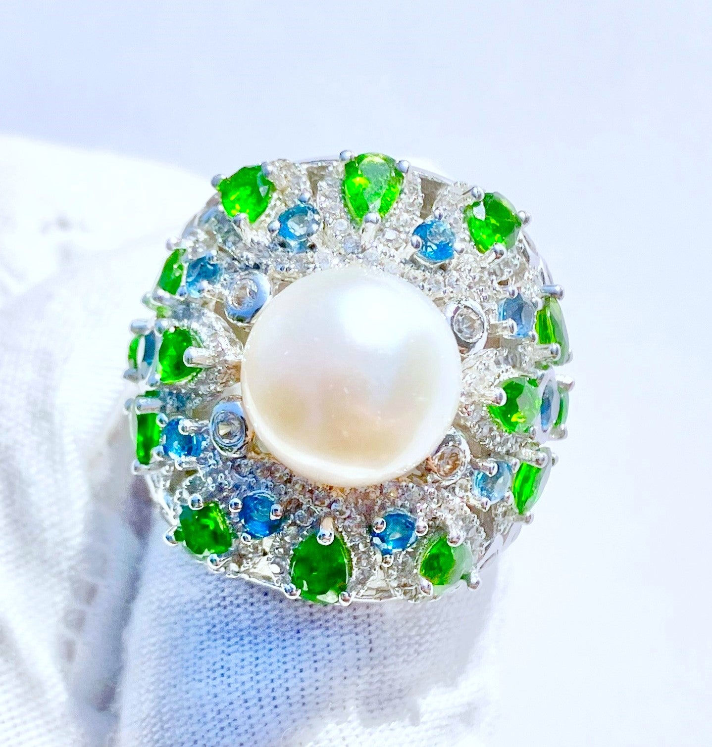 Pearl in Crown Style Setting with Pear Cut Chrome Diopside, Round Cut Baby Swiss Blue Topaz, and Zircon Halos Ring