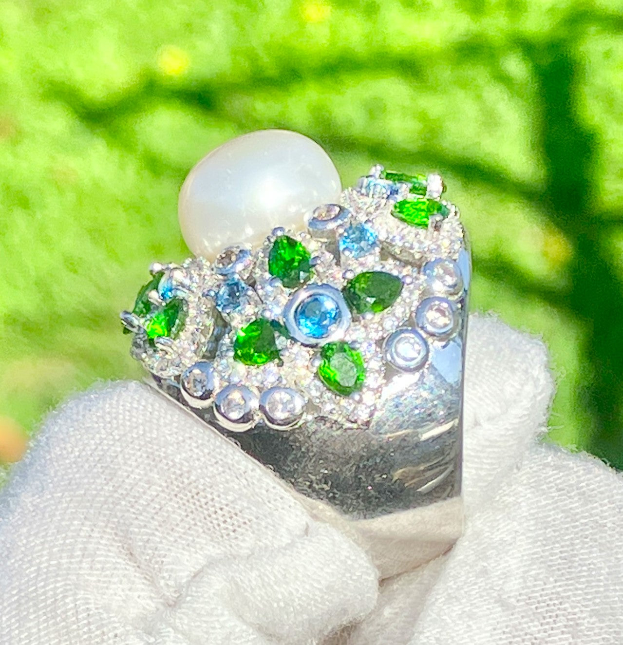 Pearl in Crown Style Setting with Pear Cut Chrome Diopside, Round Cut Baby Swiss Blue Topaz, and Zircon Halos Ring