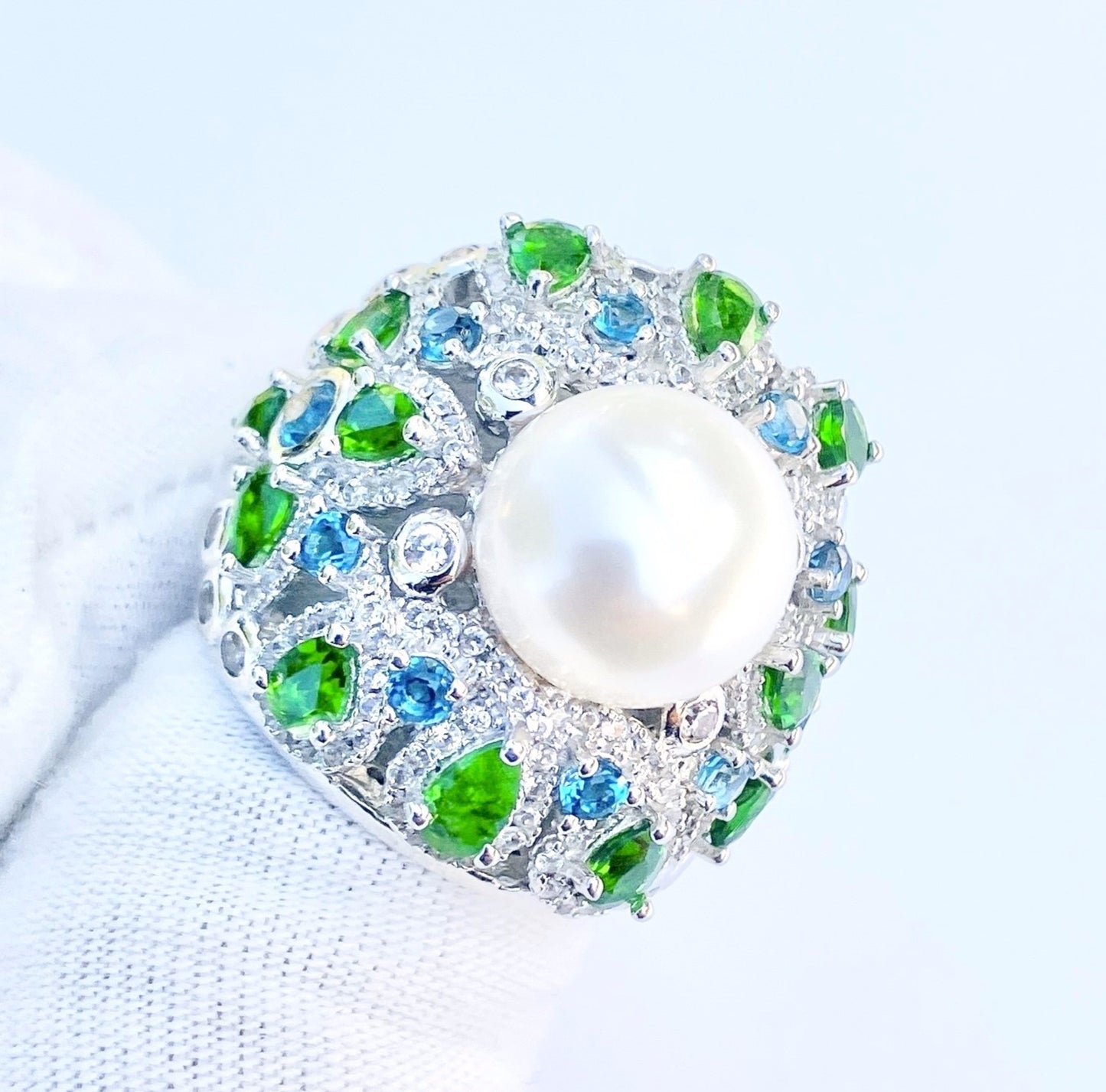 Pearl in Crown Style Setting with Pear Cut Chrome Diopside, Round Cut Baby Swiss Blue Topaz, and Zircon Halos Ring