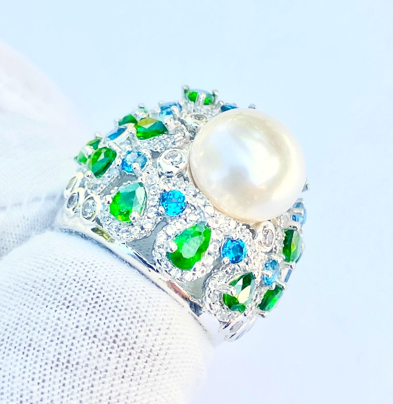 Pearl in Crown Style Setting with Pear Cut Chrome Diopside, Round Cut Baby Swiss Blue Topaz, and Zircon Halos Ring