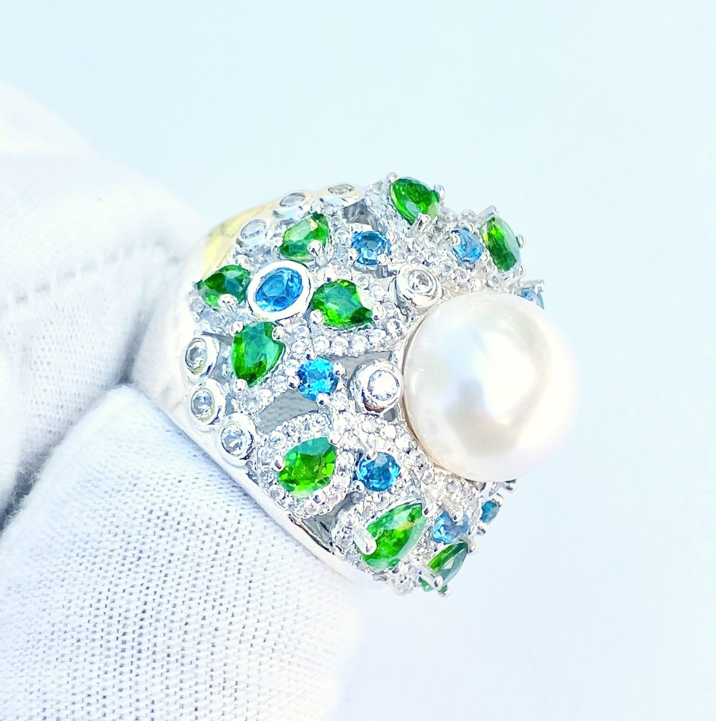 Pearl in Crown Style Setting with Pear Cut Chrome Diopside, Round Cut Baby Swiss Blue Topaz, and Zircon Halos Ring