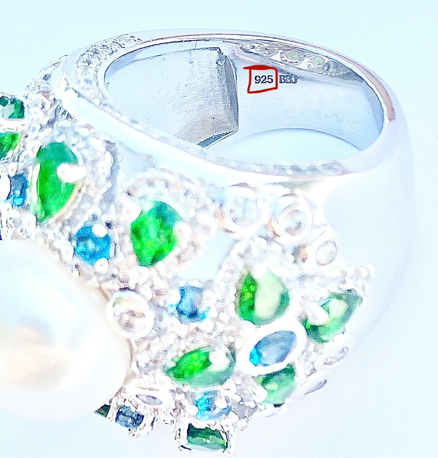 Pearl in Crown Style Setting with Pear Cut Chrome Diopside, Round Cut Baby Swiss Blue Topaz, and Zircon Halos Ring