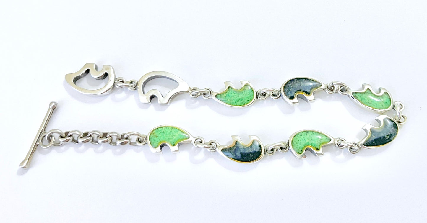 Green and Blue Resin Sealed Zuni Bear Link Bracelet