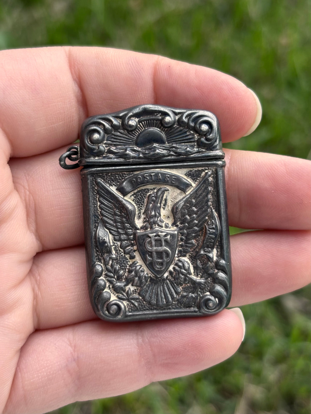 Antique Sterling Silver Patriotic American Eagle Postage Stamp Case