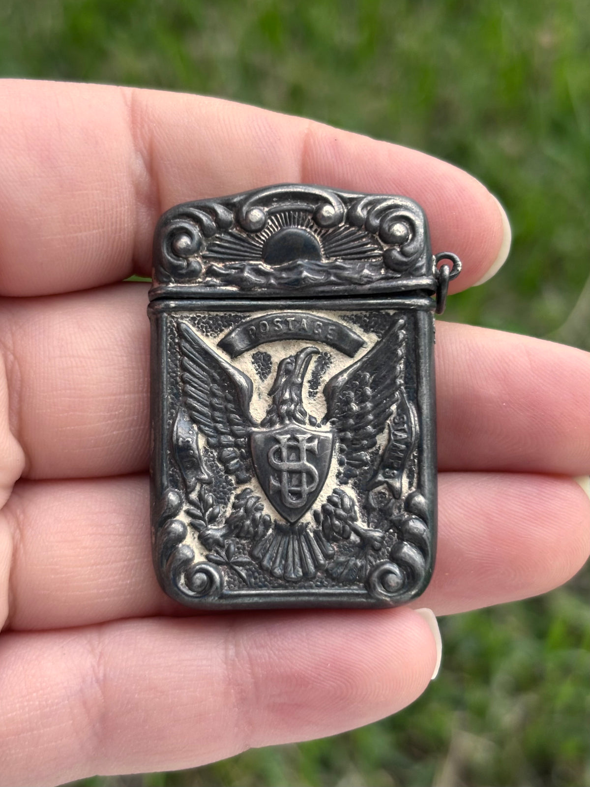 Antique Sterling Silver Patriotic American Eagle Postage Stamp Case