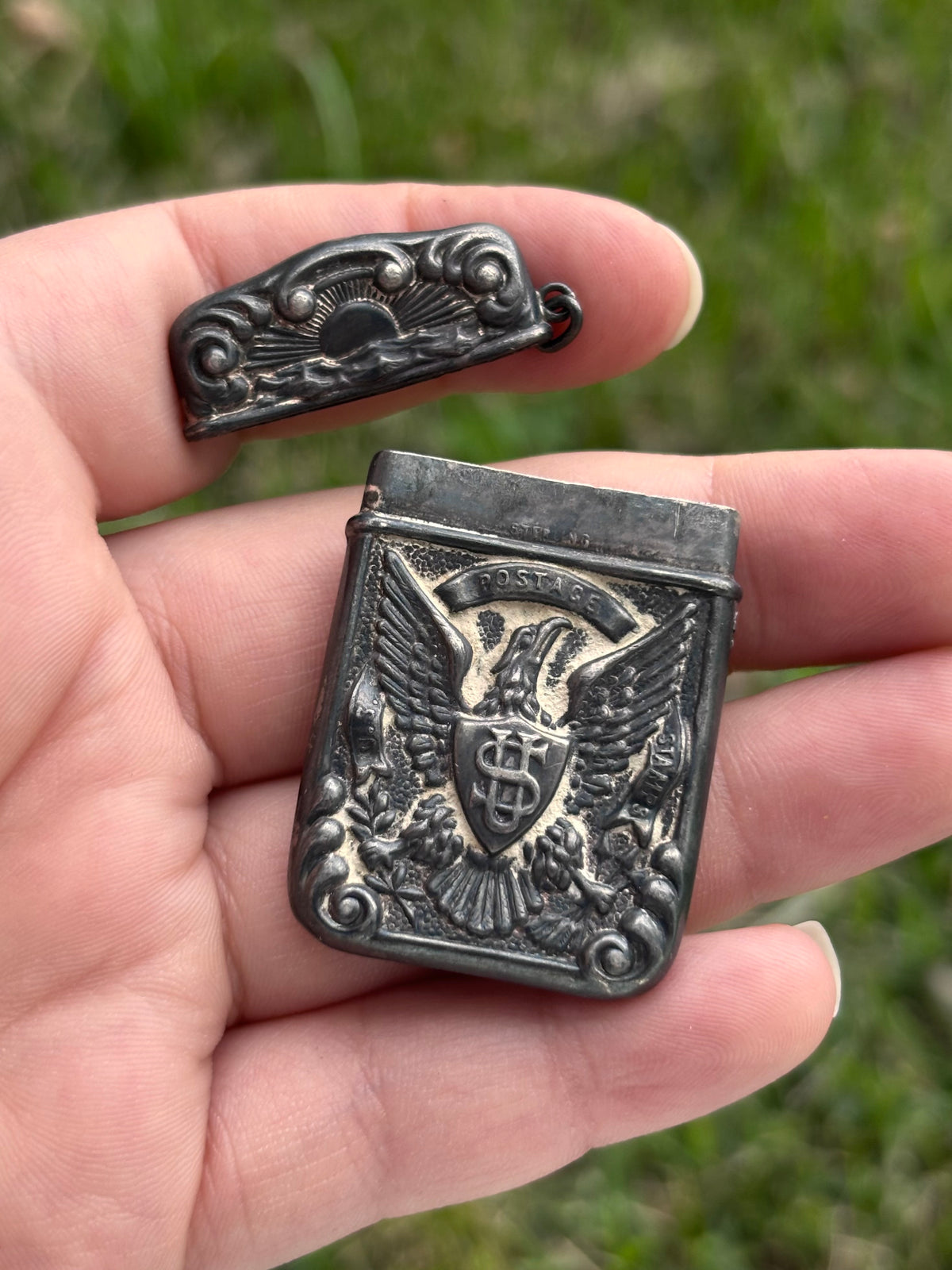 Antique Sterling Silver Patriotic American Eagle Postage Stamp Case