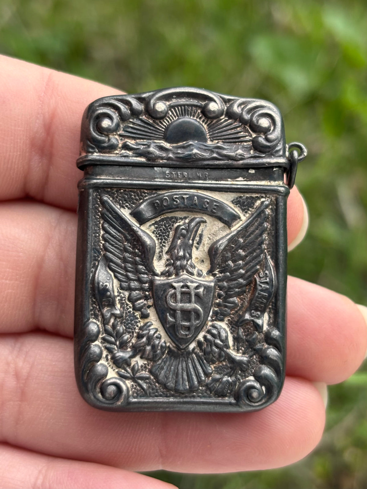 Antique Sterling Silver Patriotic American Eagle Postage Stamp Case