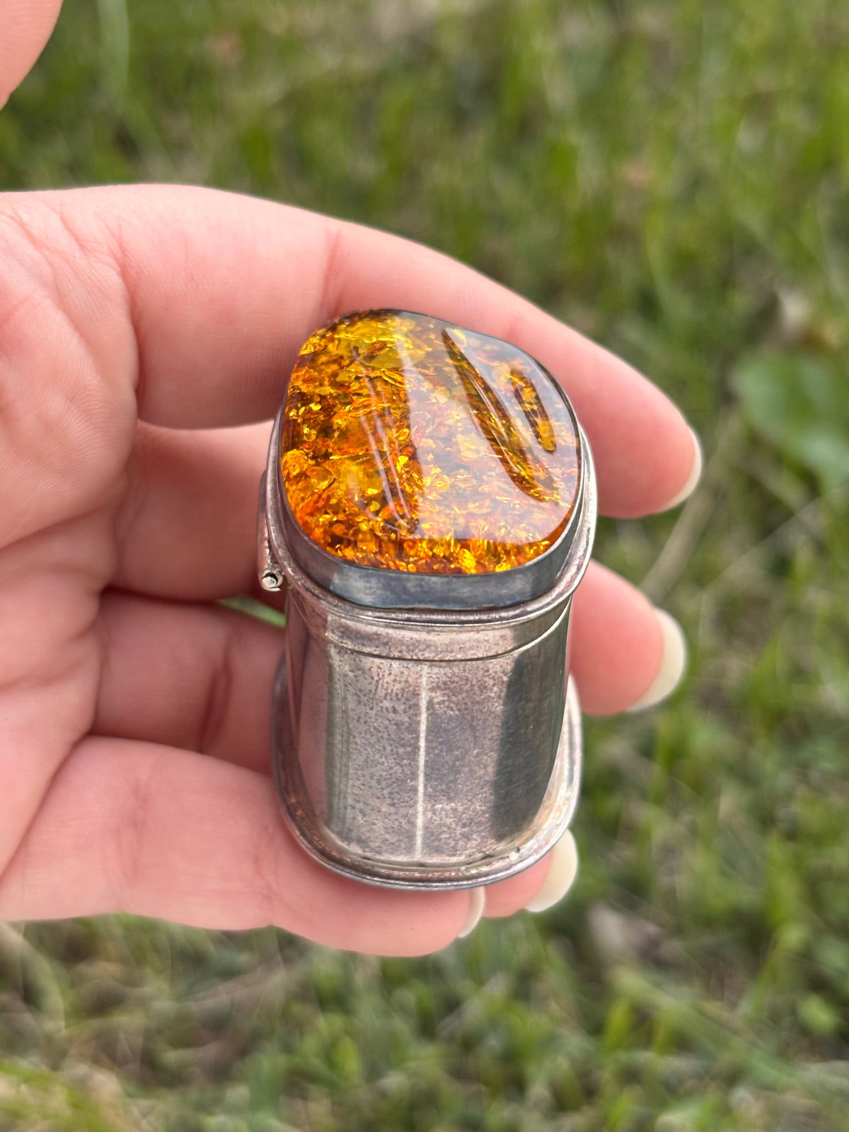 Vintage Sterling Silver & Amber Hinged Trinket Keepsake Box