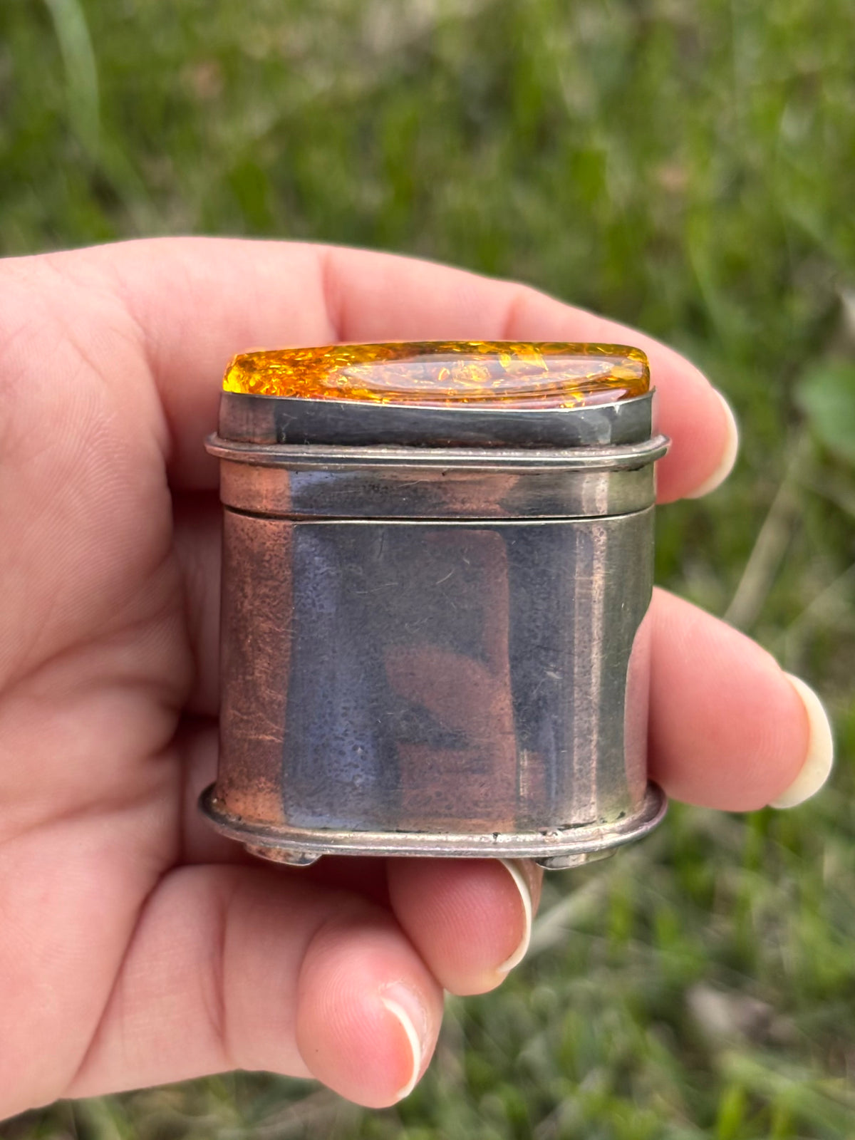 Vintage Sterling Silver & Amber Hinged Trinket Keepsake Box
