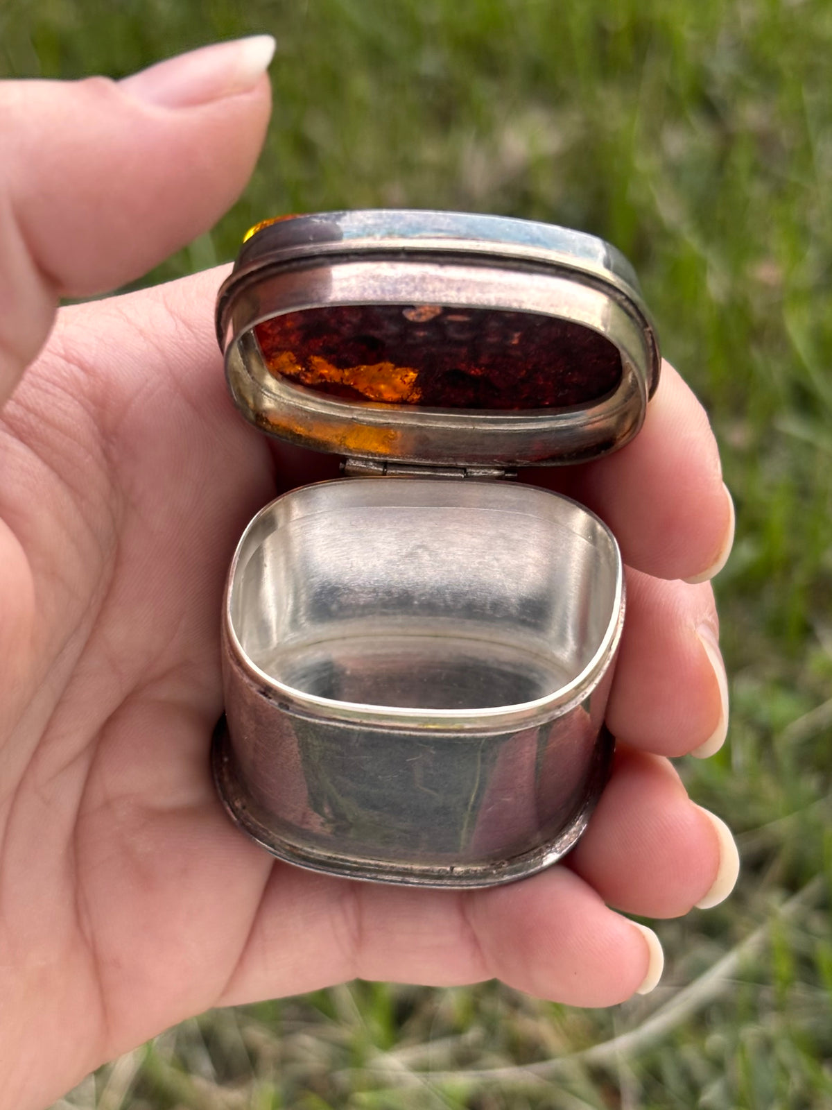 Vintage Sterling Silver & Amber Hinged Trinket Keepsake Box